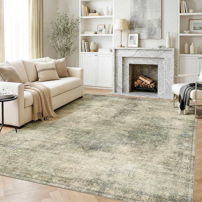 Tapis vert lavable vert rétro Boho, tapis floral antidérapant doux à poils courts pour le salon et la chambre à coucher