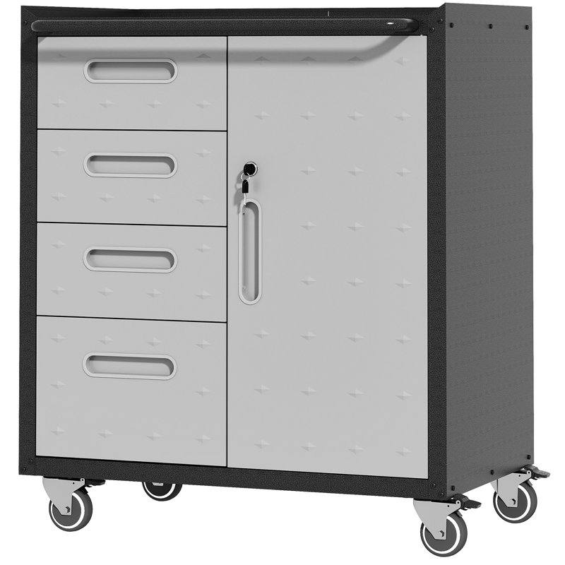 Armoire de rangement en métal - Garage, bureau, maison. Roues verrouillables, plateau surélevé. 4 tiroirs latéraux, tablettes réglables. Solide. Noir / gris pour un usage domestique. Rangement à 360 roulettes.