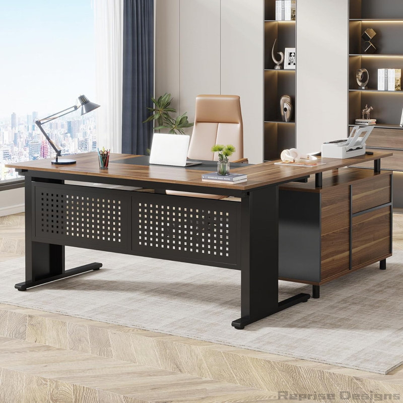 63" L-Shaped Executive Desk With File Cabinet