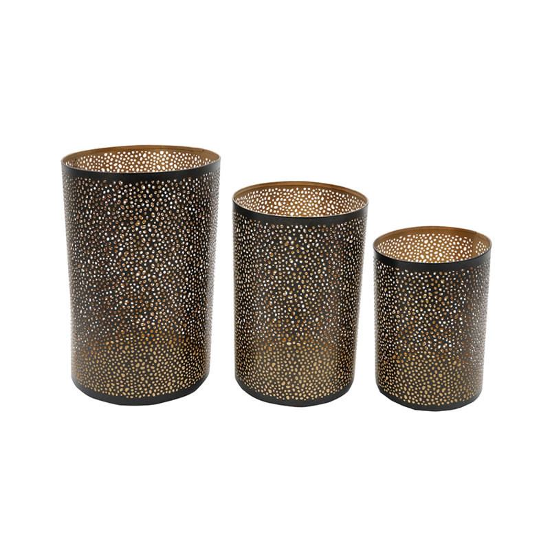 Ensemble de porte-bougies 3 pièces Hurricane, noir percé avec intérieur doré