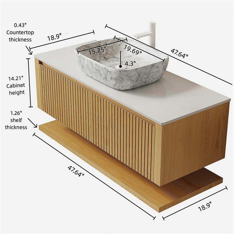 HIZON 48" Bathroom Vanity&Sink, Floating Plywood Bathroom Storage Cabinet with Drawers&Open Shelf, Marble Pattern Ceramic Basin&White Sintered Stone Top, Pre-assembled, Corolla Oak Woodgrain Color