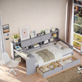 Wooden L-shape Daybed With 3 Cabinets And 2 Drawers, Study Desk And Built-in Bookshelf