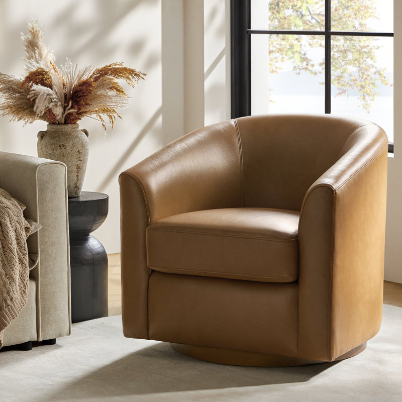 Amiir 30.5'' Wide Genuine Leather Swivel Barrel Chair with Solid Wood Base, Camel