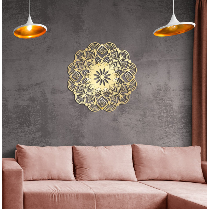 Metal Mandala Abstract Wall Hanging Décor, Creative Floral Metal Wall Art Home Decoration, Shiny Gold, 38" H x 38" W x 0.5" D