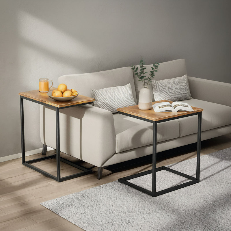 Modern C-Shape End Tables, Wood Surface & Sturdy Metal Frame (Set Of 2), Brown Top/Black Base