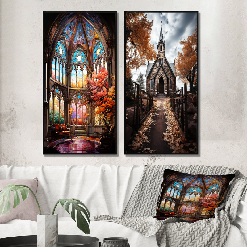 «Vitrail d'église», 2 pièces sur toile, Cadre noir, H 20 po x l 24 po