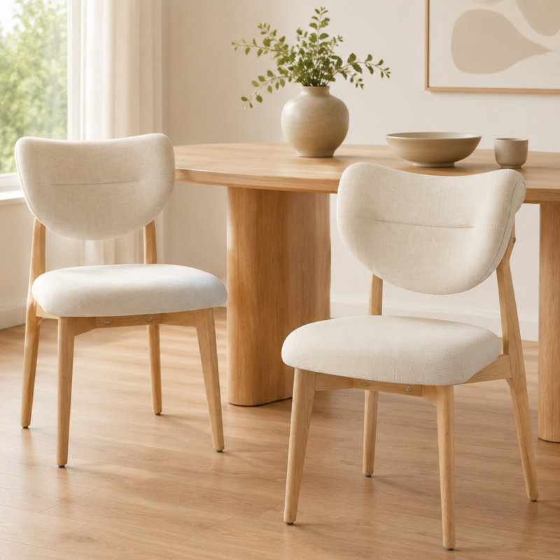 Chaise de salle à manger beige rembourrée de style milieu du siècle, avec revêtement en lin et structure en chêne, Beige