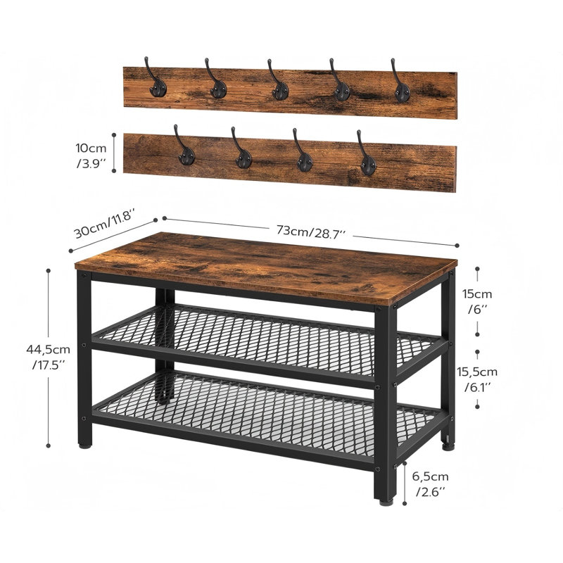 Hall Tree Entryway Storage Bench, Coat Rack Shoe Bench, Shoe Rack Organizer With Coat Hooks, 3-In-1 Design, Wooden Furniture With Metal Frame
