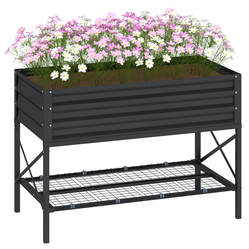 Raised Garden Bed with Galvanized Steel Frame, Storage Shelf and Bed Liner, Elevated Planter Box with Legs for Vegetables, Flowers, Herbs