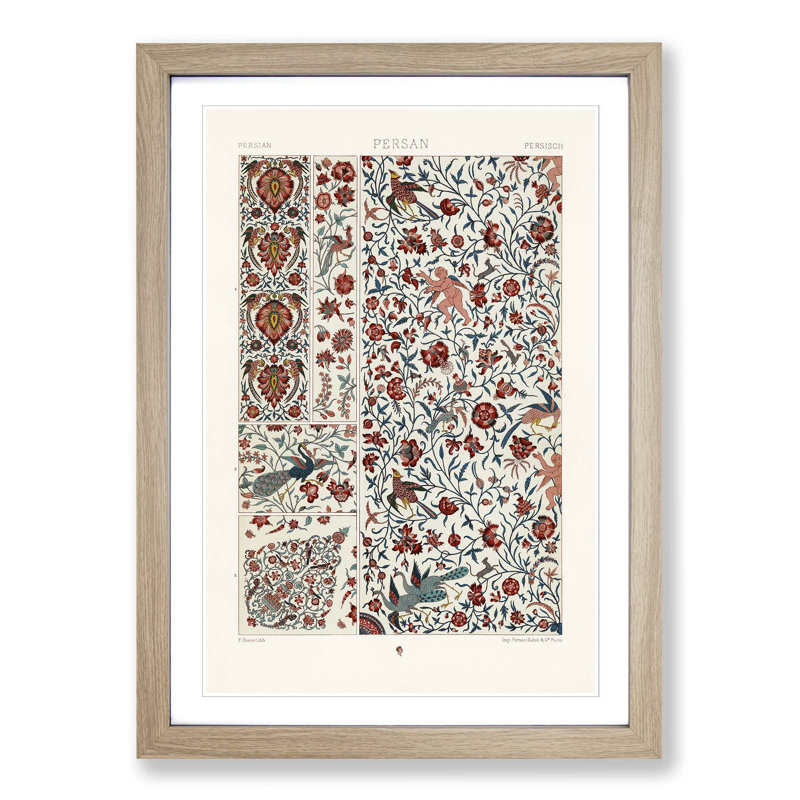 Persian Flowers & Birds Pattern by Albert Racinet - Picture Frame Painting Print on MDF, 65cm H x 48cm W x 2cm D, Oak Framed
