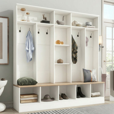 Portemanteau large avec banc de rangement, espace de rangement cubique et tablette, portemanteau multifonctionnel, convient à l'entrée, vestiaire, blanc