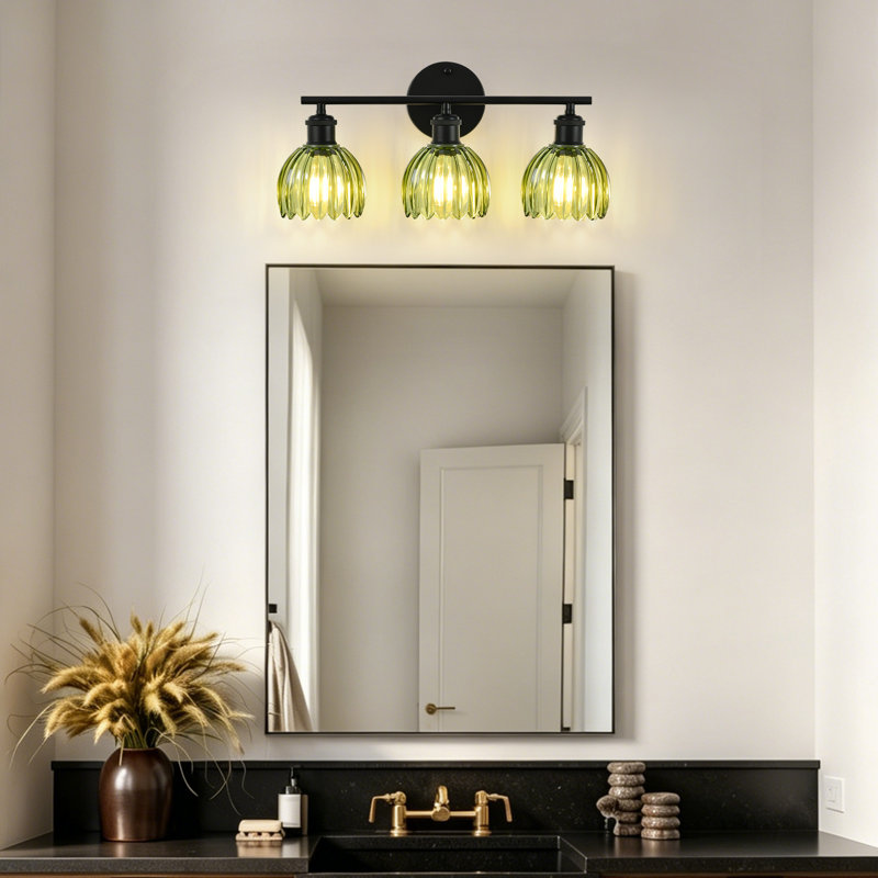 Luminaire de salle de bain moderne 19,3 pouces à 3 lumières en noir mat avec abat-jour en verre tulipe vert, Vert, Noir mat
