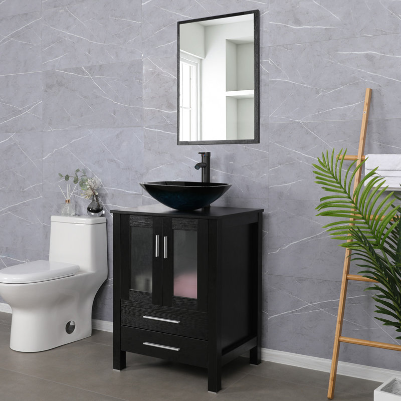 Olancha 24'' Single Bathroom Vanity Set with Vessel Sink, Faucet, Drain, Black