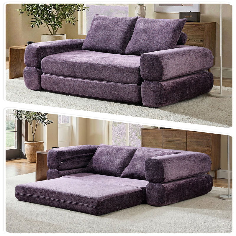 Boneless Modern Chenille Convertible Sofa Bed Split Back Design, Purple