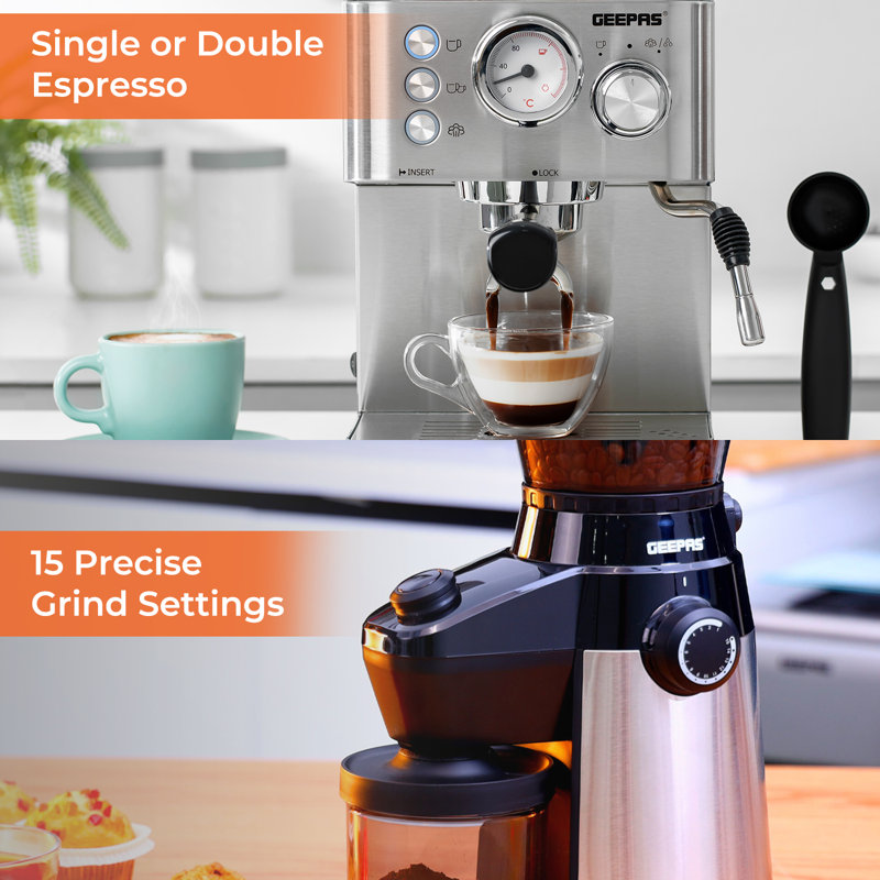 Geepas 1140W Espresso & Cappuccino Coffee Machine & Conical Burr Coffee Grinder Combo Set- Milk Frother, Coffee Grinder With 15 Precise Settings