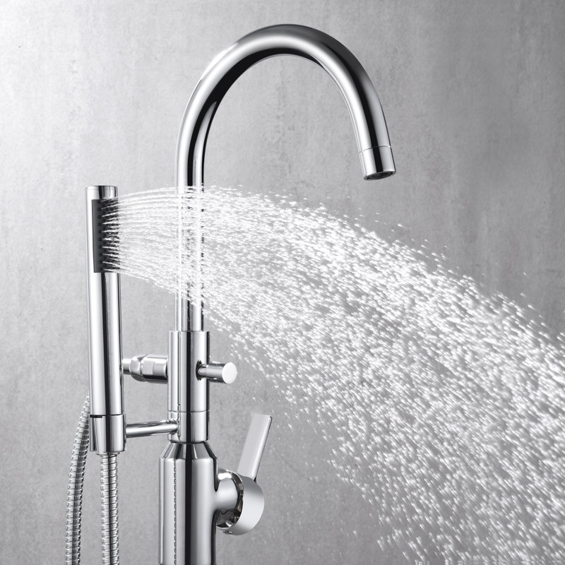 Robinet de baignoire romaine à fixation sur le plancher à poignée simple avec douche à main Euro Collection - Chrome poli
