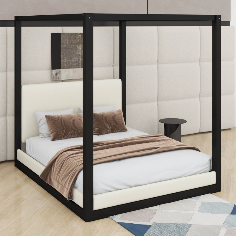 Lit plateforme à baldaquin avec tête de lit tapissier, structure en bois avec poteaux et support à lattes en bois, Grand lit