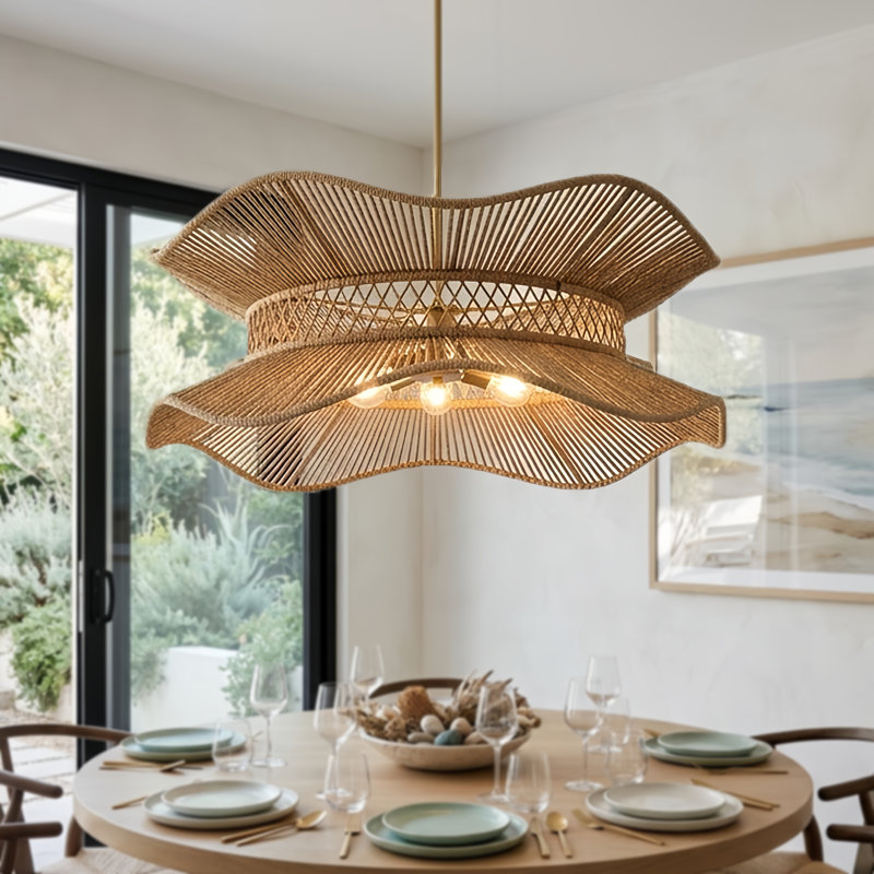 6-light 30"W Modern Farmhouse Natural Wood Drum Light with Hand‑woven Cotton Rope Shade for Dining Room or Bedroom