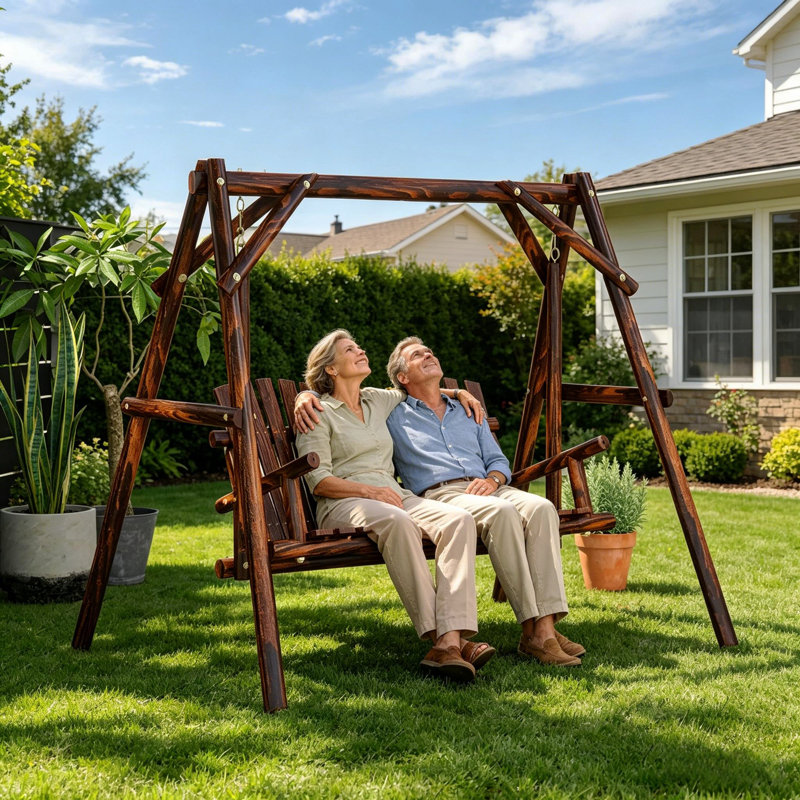 Wooden Porch Swing With Stand, 2-Seat Patio Swing Chair With Center Table