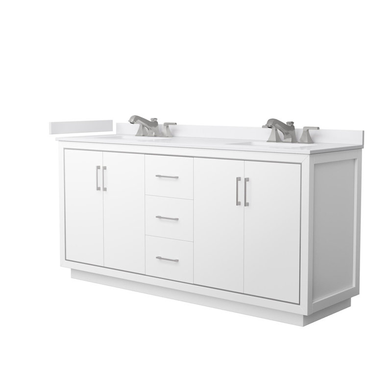 Icon 72" Freestanding Double Bathroom Vanity with Cultured Marble Top, Brushed Nickel, White, 66"