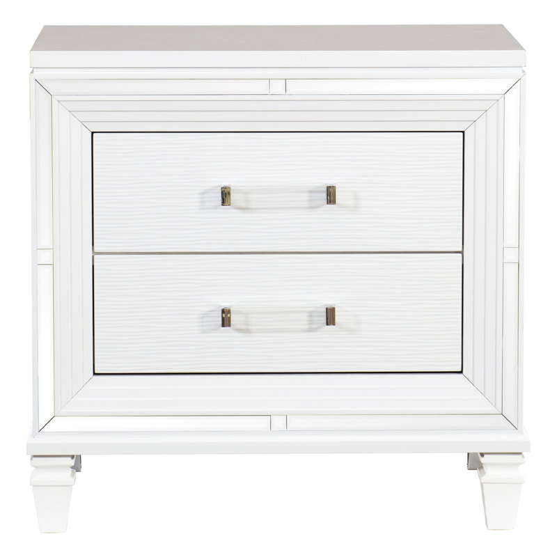 Table de chevet contemporaine argentée avec tiroirs en bois et glissières à roulement avec détails de miroir, Gris