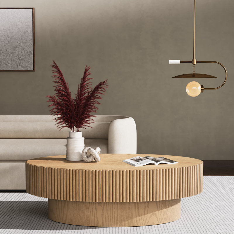 Alethia 45'' Solid Wood Fluted Oval Coffee Table in Red Oak & White Ash, Natural Oak