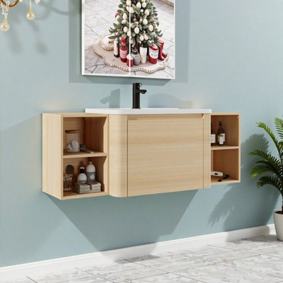 Meuble-lavabo mural 52 po avec lavabo en céramique, 2 tablettes et porte en contreplaqué à fermeture en douceur