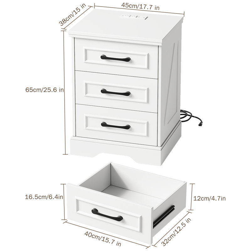 Farmhouse 3-Drawer Nightstand With Charging Station And Bar Handles, Set of 2, White