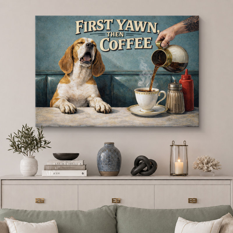 Œuvre de chien rétro, bâillement puis café, photos de cuisine de café, impression sur toile encadrée, Toile tendue