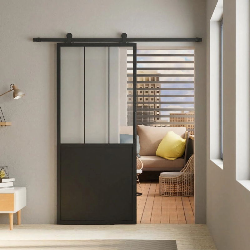 Black Steel Clear Glass Sliding Barn Door