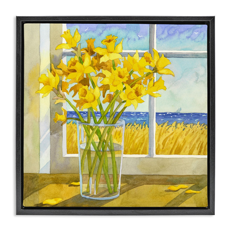 Daffodils in Seaside Window, 18" H x 18" W, Jet Black Floater Frame