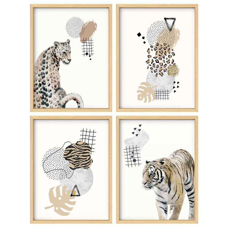 "Guépard dans la jungle, tigre et géométrie, nature, désert, décor moderne", 4 pièces, Naturel, H 14 po x l 11 po
