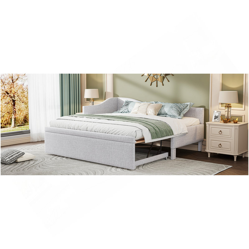 Lit de jour simple tapissier en L rembourré avec couchette escamotable, beige