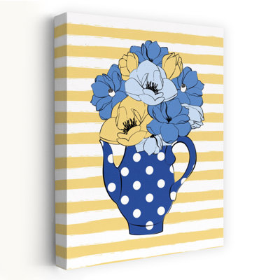 Théière à pois et fleurs, affiche murale contemporaine et moderne aux couleurs vives, motif floral.