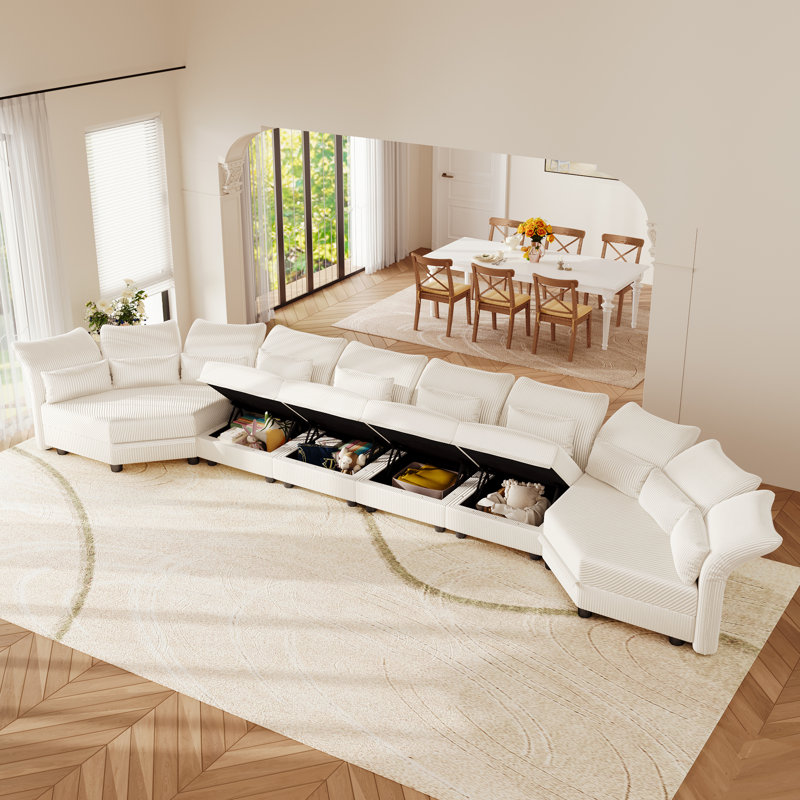 U-Shaped Plush Large  Upholstered Modular Sectional Couches With Storage, 7 Seat  Corduroy  Sofa With Adjustable Arms Backs,Plush Supportive Cushions, Beige