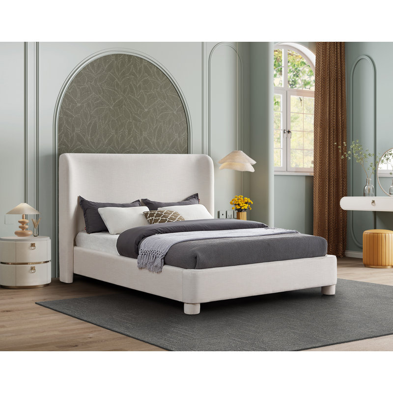 Kiria Upholstered Wingback Bed, Queen, Cream Linen Textured Fabric