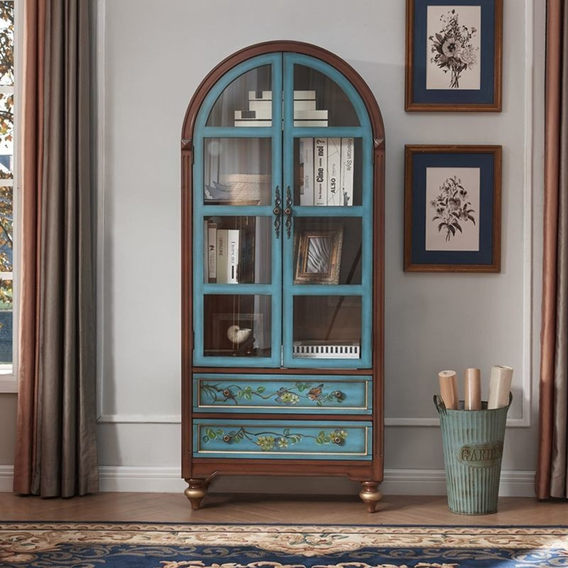 Bleu + brun massif + bois manufacturé + vitrines