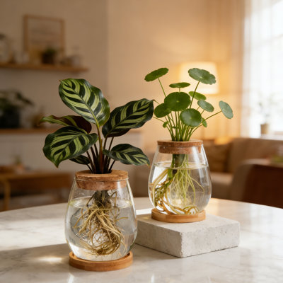 2-pack Water Drop Glass Hydroponic Vase With Wooden Stand & Separated Tray, Desktop Propagation Station, Plant Terrarium For Home Office Decor