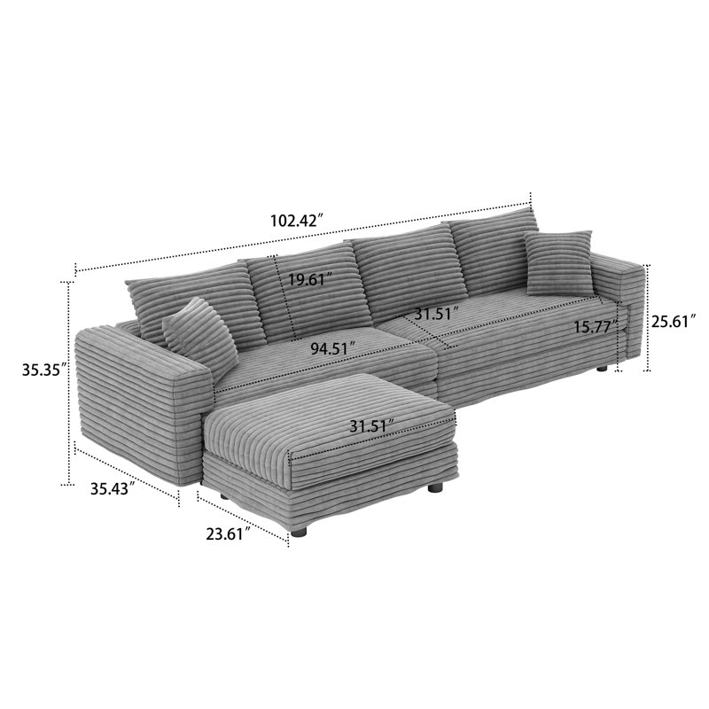 Modern Corduroy Fabric Upholstered 4-Seater Sectional Sofa with an Ottoman, Gray, 35.35" H x 102.42" W x 66.94" D