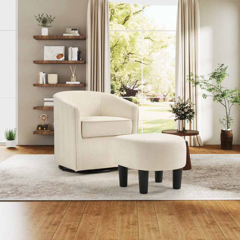 24.4" Wide Modern Stylish Soft Upholstered Swivel Accent Chair With Ottoman, Beige