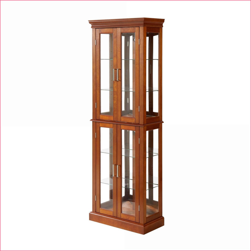 Cabinets, Walnut Brown Curio with Adjustable Shelves, Internal Lighting, Mirrored Back | 23.75W x 11.75D x 70H | Traditional | Living Room