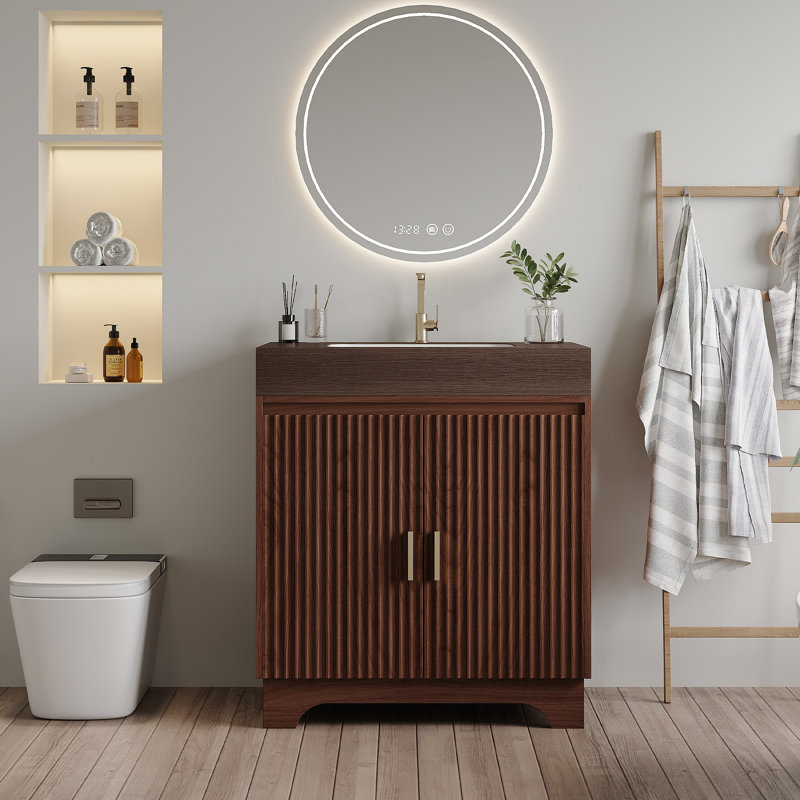 Meuble-lavabo à poser en pierre frittée 30 po avec évier en céramique, Brun