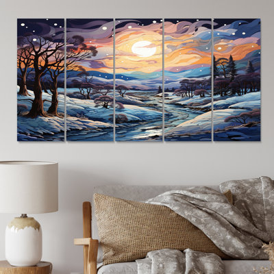 «Beautiful Country Charm In Winter III» - Décoration murale paysage d'hiver - 5 panneaux égaux
