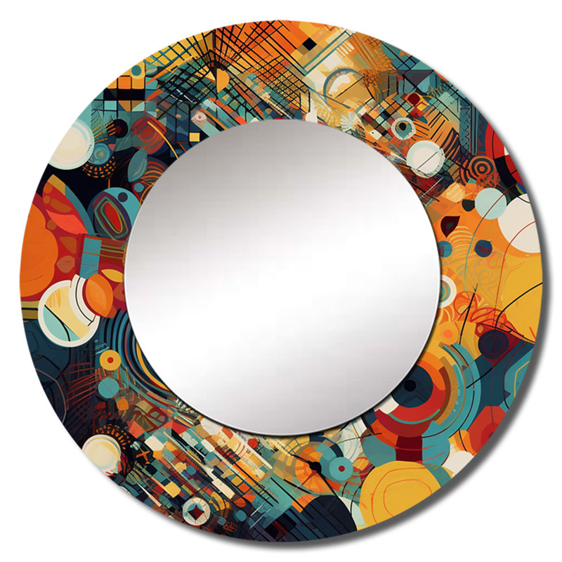 Paj Orange Retro Vibe Background III - Geometric Mirror, Orange Round Unique Wall Mirror, Printed Metal Art, 36" x 36"
