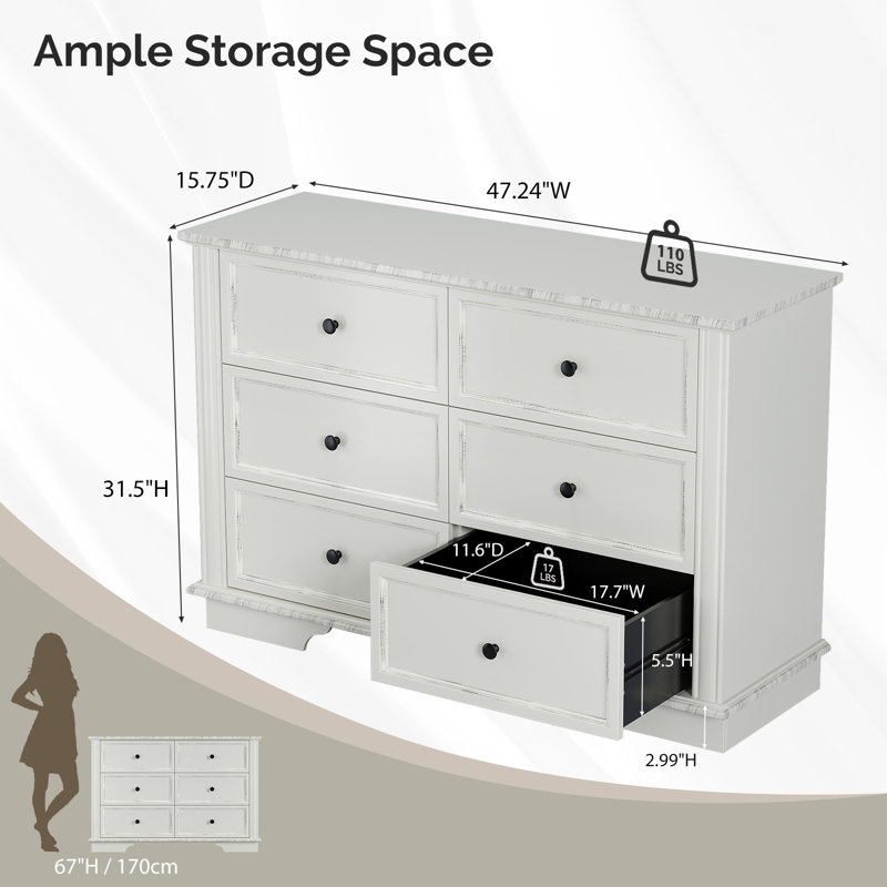 Commode à 6 tiroirs 47,7 po, Crème, crème