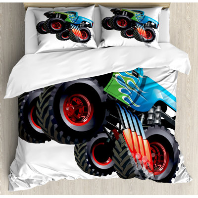 Ambesonne Cars Duvet Cover Set, Monster Truck Cool Cartoon, Calking, Aqua Green Black -  nev_46048_calking