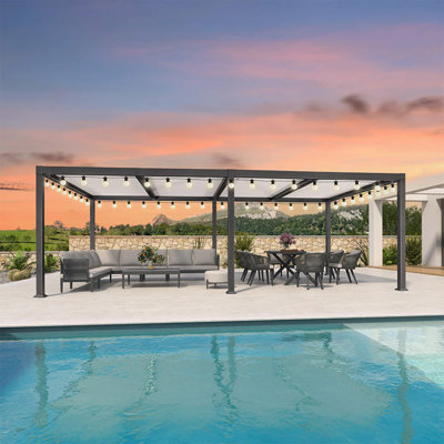 Purple Leaf Adjustable Louvered Pergola with String Lights White Sun Shade Roof Patio Pergola for Deck Backyard Garden