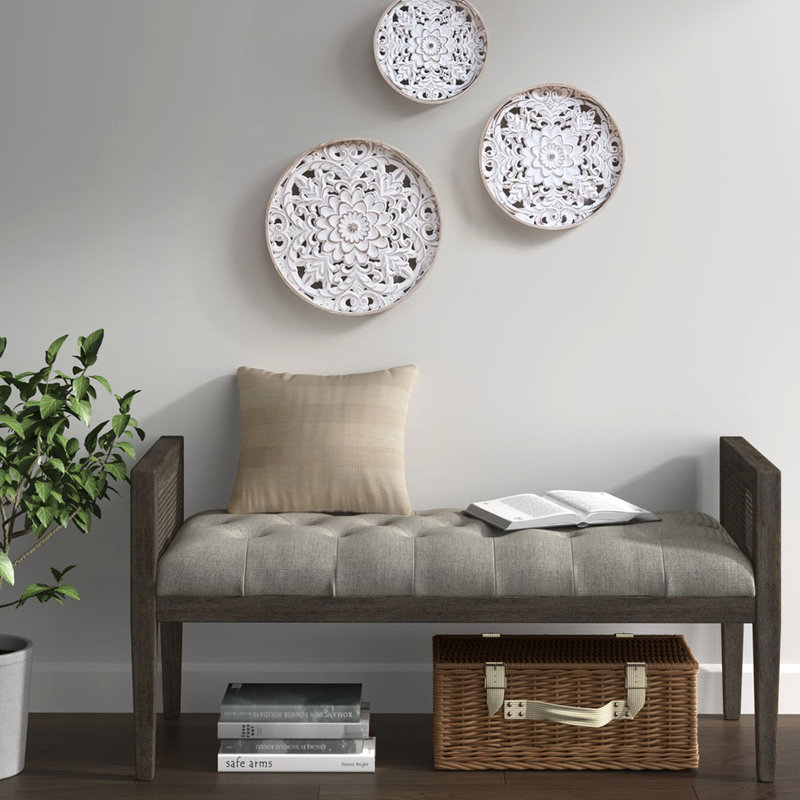 3 Distressed White Floral Wall Artwork - Wood, Natural+White, 13.75", 11.75", 9.75" , Indoor Decoration, Vintage Inspired, Sawtooth Hanging Wood Decor Medallion Trio, 3, Indoor, Classic Design, Hanger