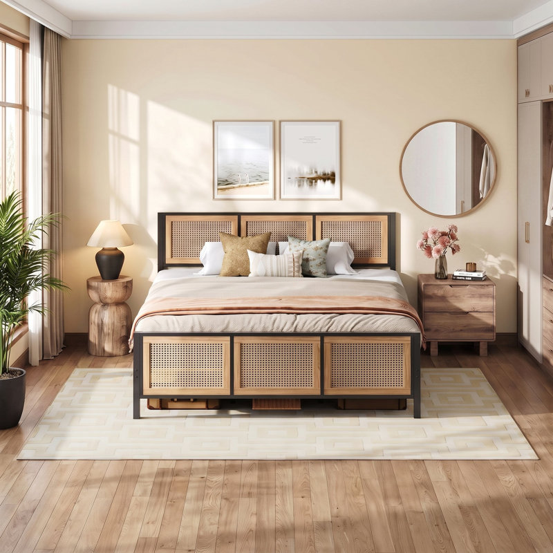 Vena Boho Style King Bed Frame with Rattan Headboard and Footboard, No Box Spring Needed, Iron Platform Bed With Stable Metal Frame