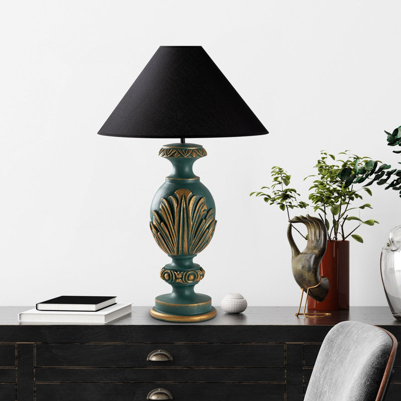 Elegant Green Table Lamp, 19.7 x 19.7 x 29.1 Inches | 100% Polyester Fabric Shade, Ø4.7 x 9.8 Inches | E27 Socket (Max 40W), Stylish Baroque Design | Ideal for Living Room, Bedroom, and Home Office Décor